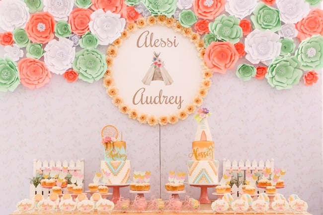 Twins Boho Themed 1st Birthday Party Sweets Table