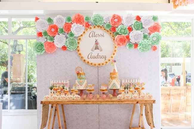 Twins Boho Themed 1st Birthday Party Dessert Table