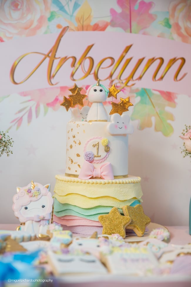 Baby Unicorn Themed First Birthday Party Dessert Table on Pretty My Party