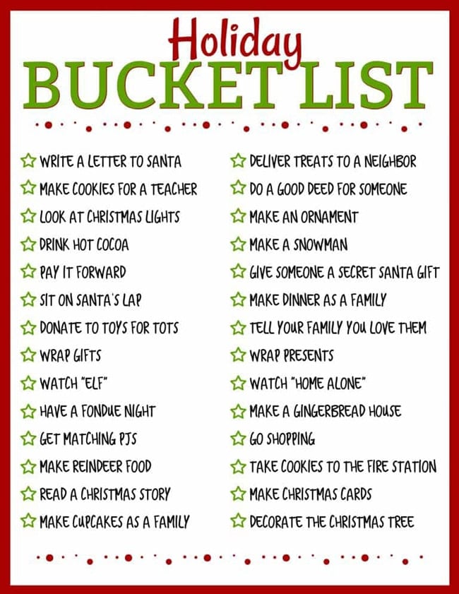 Holiday Bucket List Free Printable
