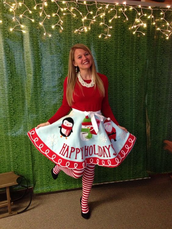 Make a tree skirt into your skirt for an ugly sweater party - 16 Totally Unforgettable Ugly Sweater Party Ideas