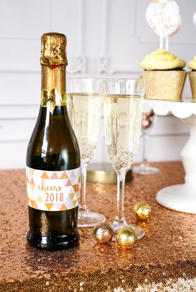 Quick and Easy New Years Party Setup champagne bottle labels featured on Pretty My Party
