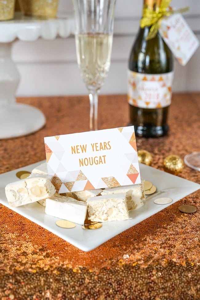 Quick and Easy New Years Party Setup food labels featured on Pretty My Party