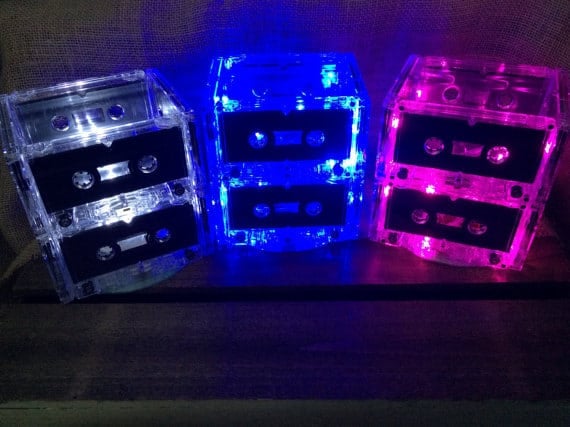 Light up casette tape centerpieces for 80s theme party