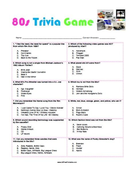 Free 80s Trivia Game Printable