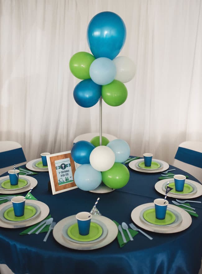 Golf Themed 1st Birthday Party Table and Balloon Centerpiece