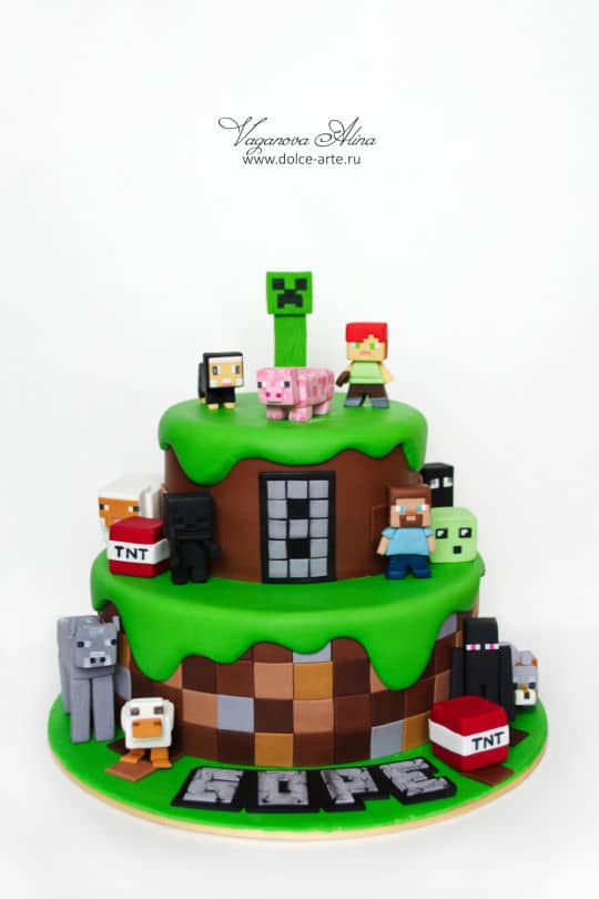 Minecraft Cake with Marshmallow Fondant Figures with Creeper