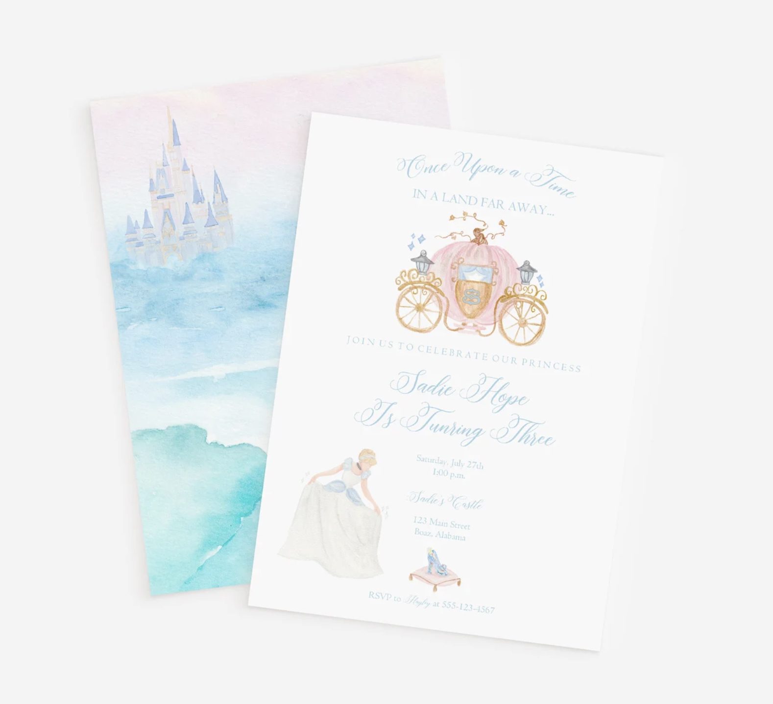 Gorgeous watercolor Cinderella birthday party invitation