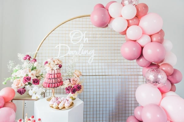 Pretty Pink and Gold 1st Birthday Party Gold Hula Hoop Wreath Backdrop on Pretty My Party