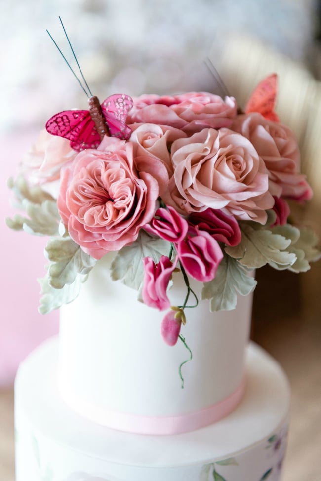 Cake Topped With Flowers and Butterflies For Tea Party Bridal Shower