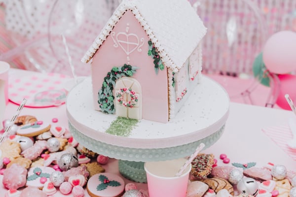 Pink and White Gingerbread House Table Centerpiece