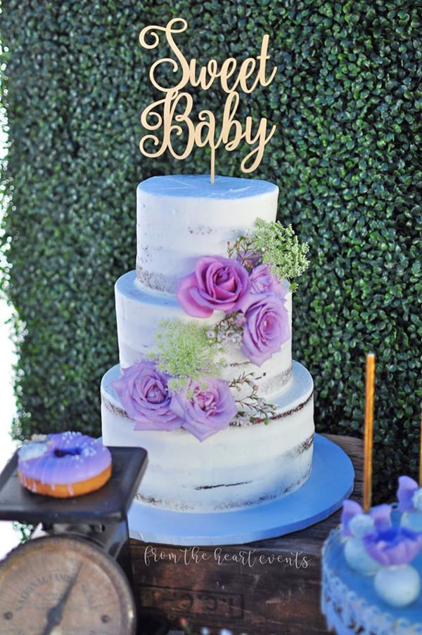 Baby Shower Cake With Purple Flowers and Gold Sweet Baby Cake Topper