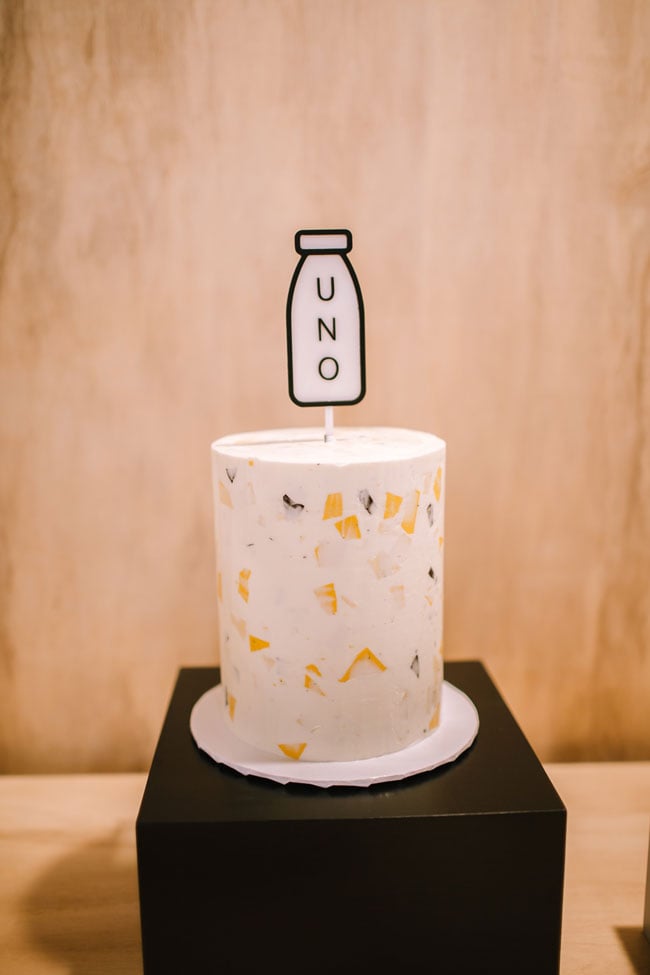Milk Themed 1st Birthday Cake With Milk Bottle Cake Topper
