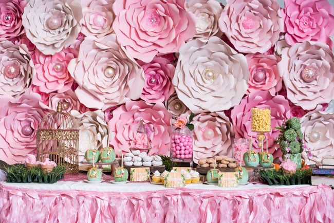 Pink Paper Flower Dessert Table Backdrop