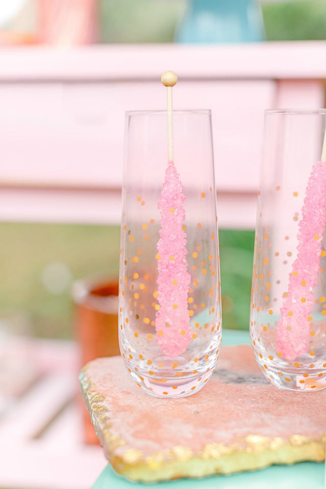 Gold Confetti Glasses With Pink Rock Candy