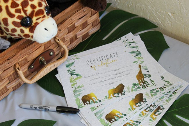 Safari Wild One Birthday Party Animal Adoption Certificate