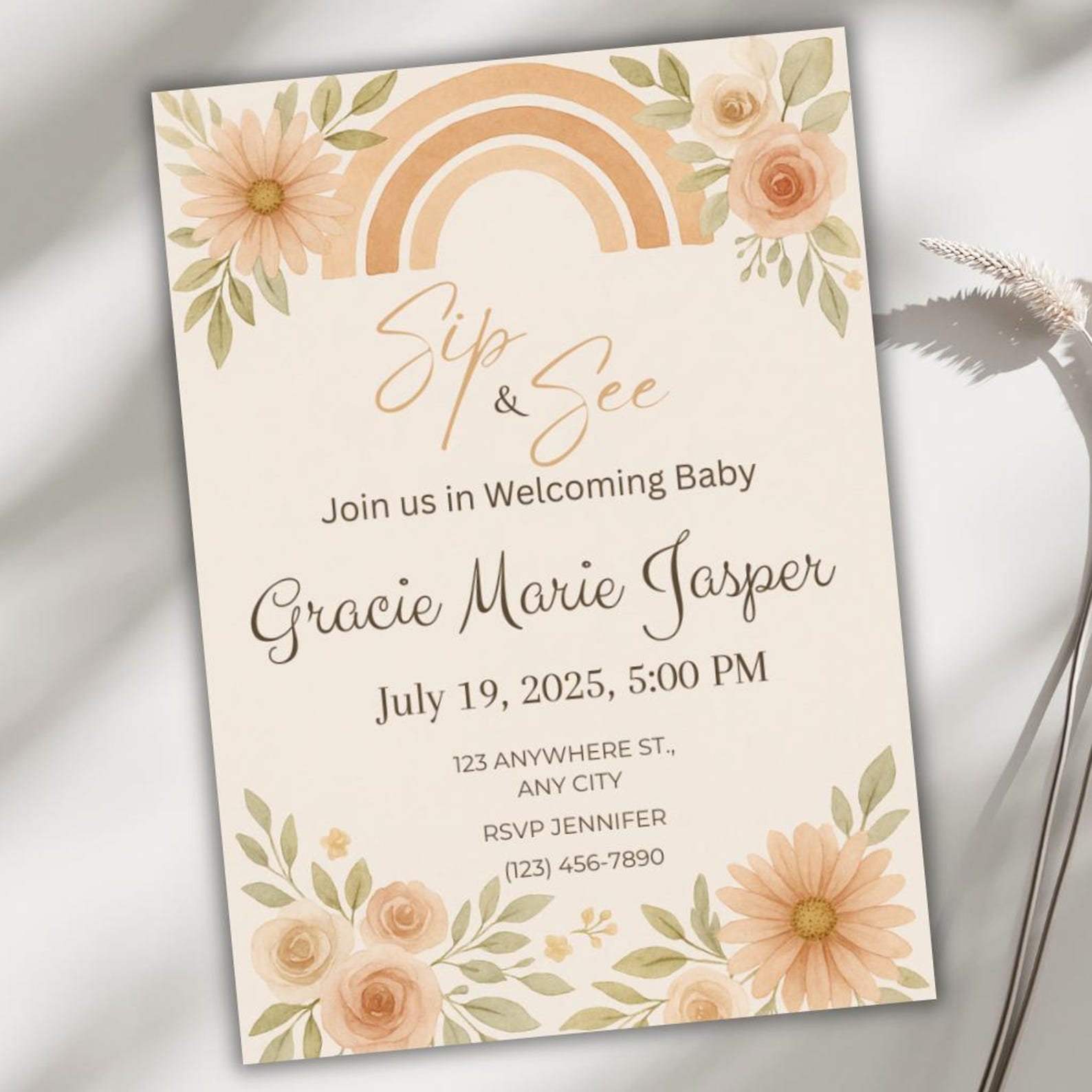 Modern boho sip and see invitation