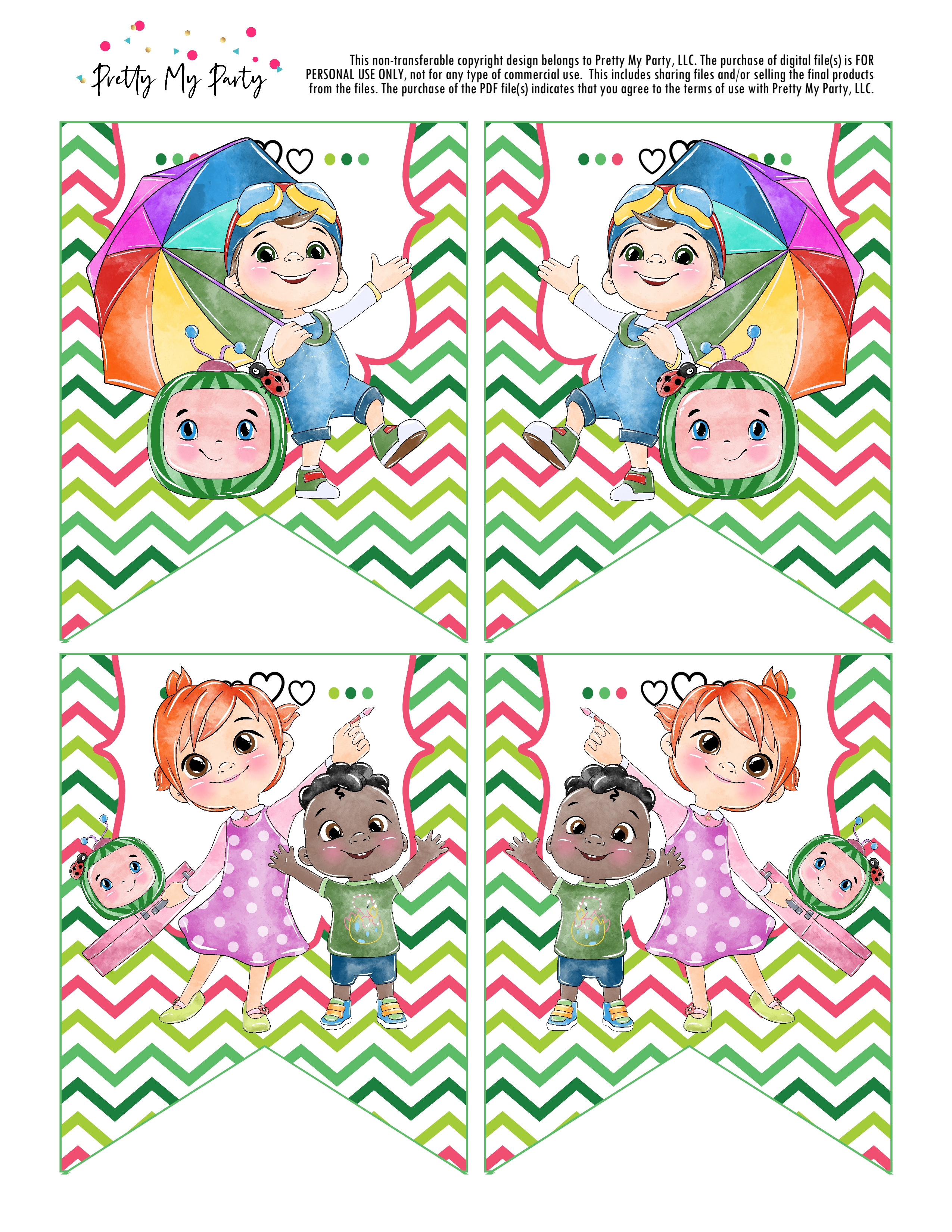 Grab your FREE Cocomelon Happy Birthday Banner for your child's party on Pretty My Party!