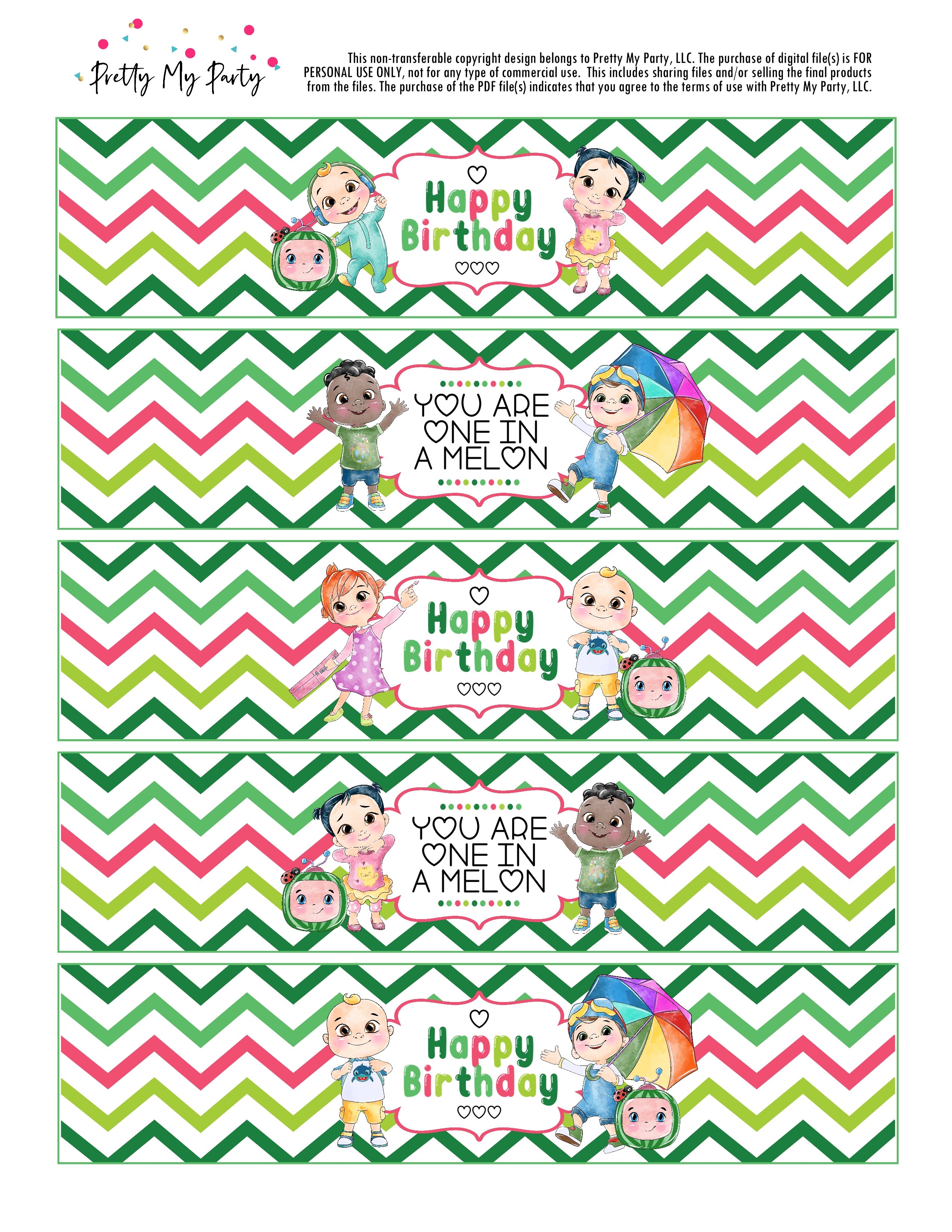 Grab your FREE Cocomelon Party Water Bottle Labels for your child's party on Pretty My Party!