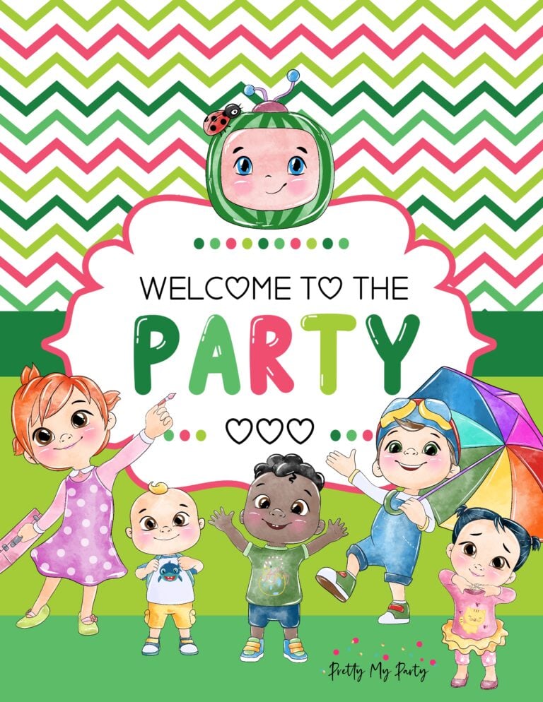 Get your FREE Cocomelon Party Welcome Sign on Pretty My Party.