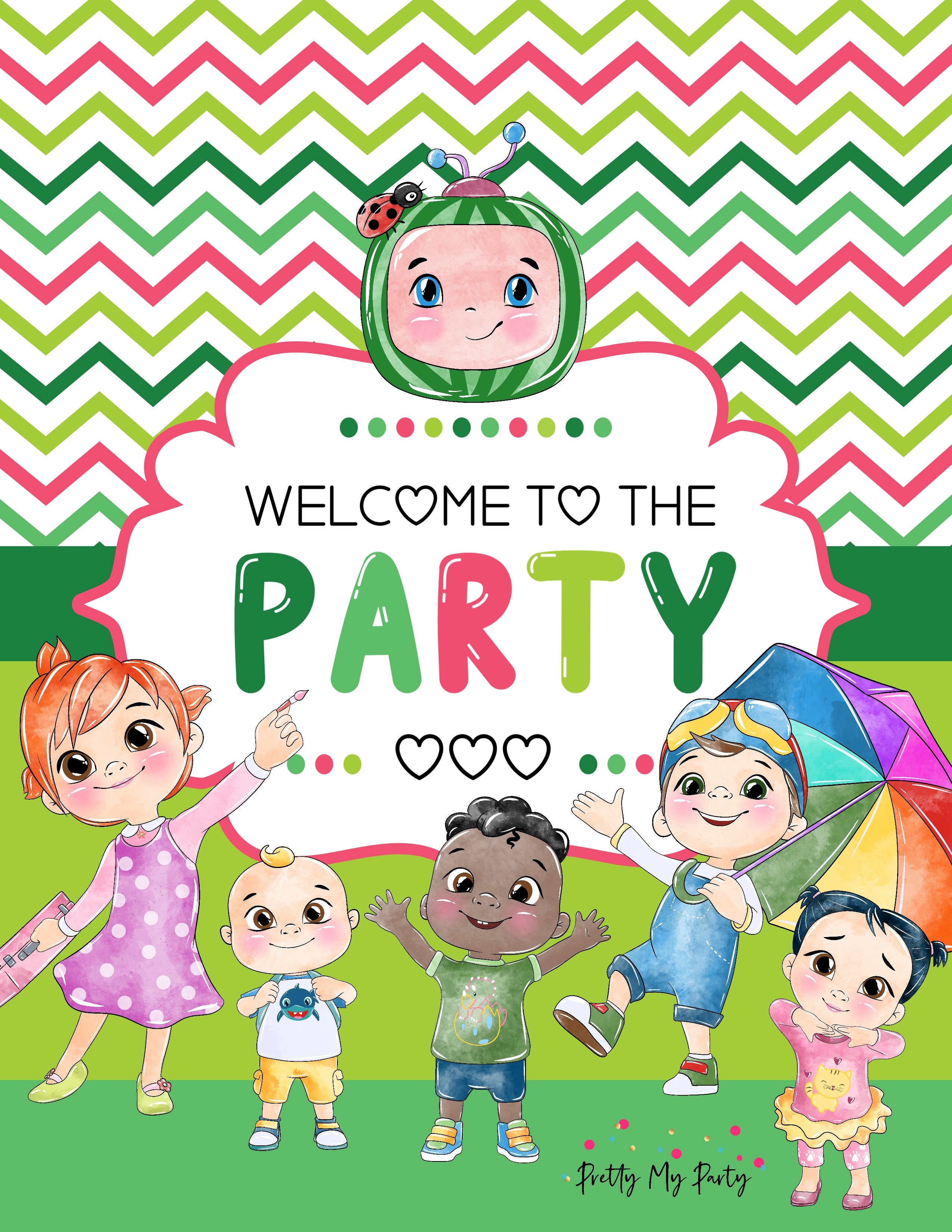 Grab your FREE Cocomelon Party Sign for your child's party on Pretty My Party!