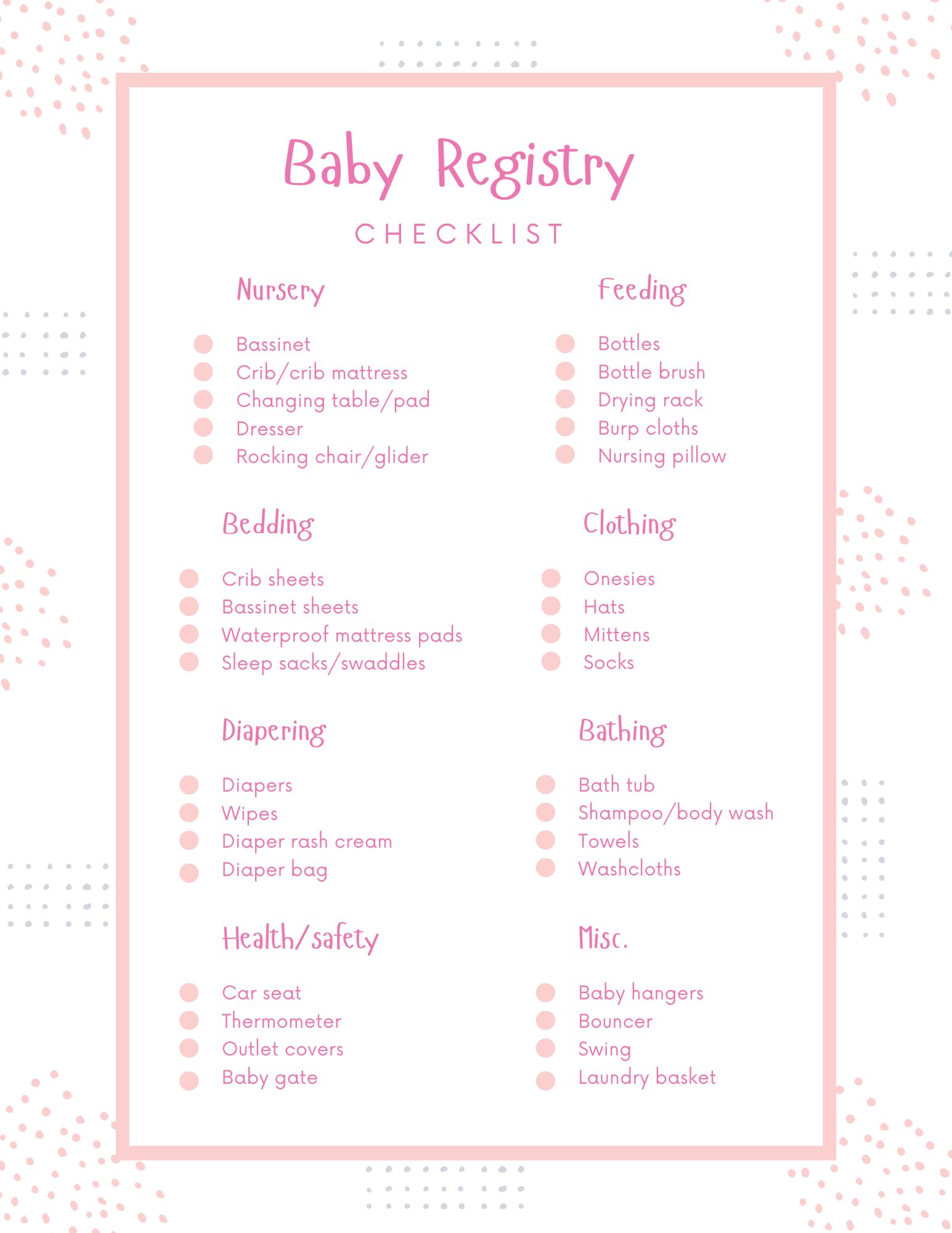 Free Baby Shower Registry Checklist Printable