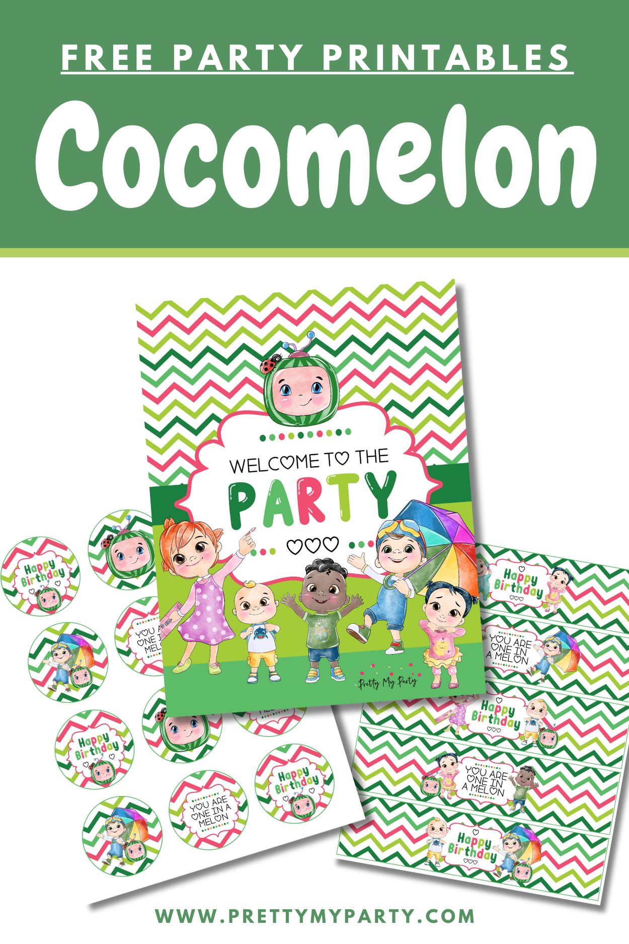 Grab your free Cocomelon Party Printables on Pretty My Party!