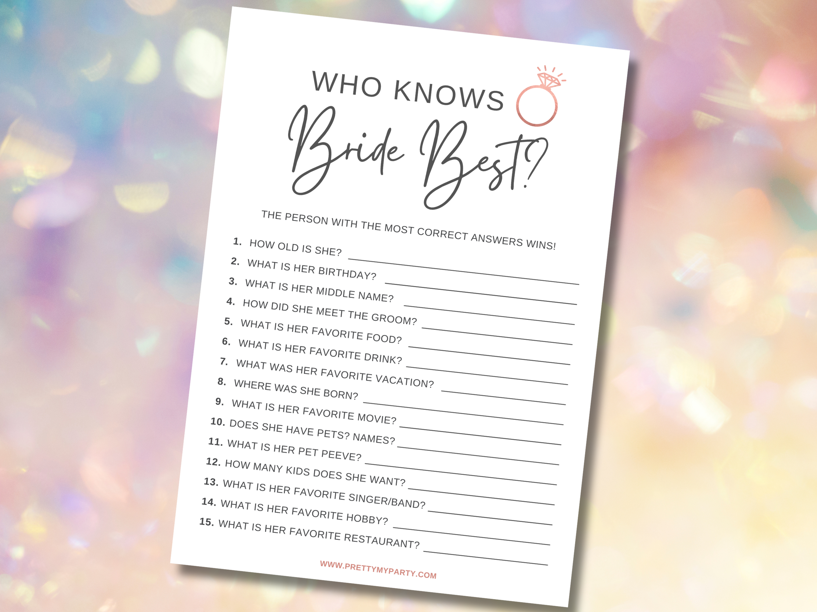 Looking for a fun bridal shower game? Grab our Who Knows The Bride Best Free Printable Game on www.prettymyparty.com.