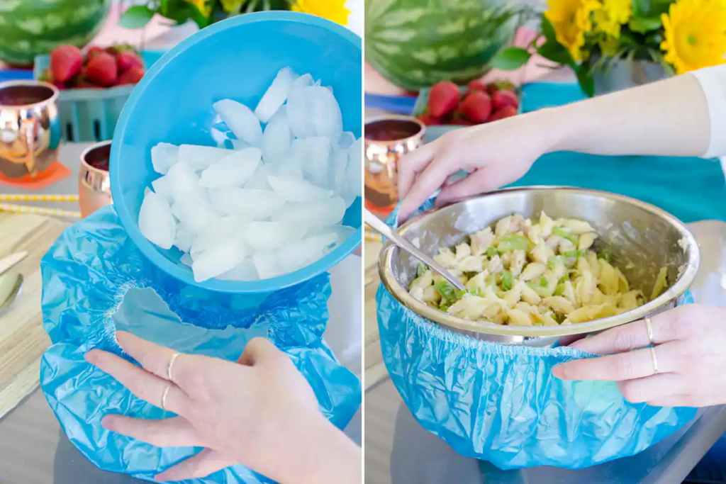 DIY shower cap and ice food cooler party hack