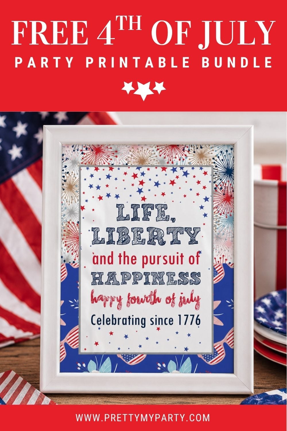 This printable bundle includes a patriotic sign, cupcake toppers, food tent cards, and a Happy 4th of July banner. It's everything you need to create a coordinated party setup for your dessert table, buffet, mantel, porch, or backyard celebration.