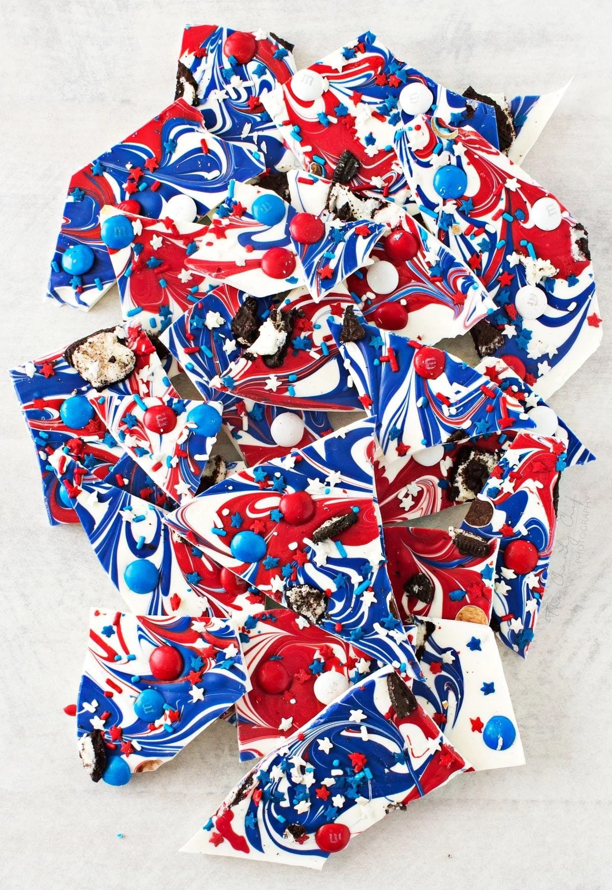 Festive red, white, and blue candy bark for 4th of July parties