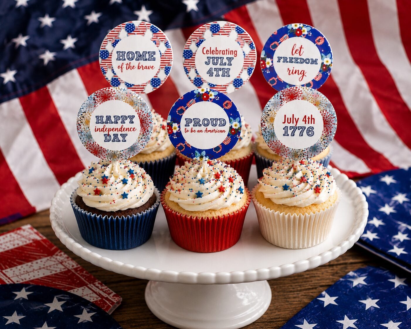 Free Fourth of July cupcake toppers to dress up your red, white, and blue desserts! These patriotic cupcake toppers are perfect for a 4th of July party, backyard BBQ, picnic, pool party, or fireworks celebration. Print, cut, and add them to cupcakes, brownies, fruit cups, or party treats for an easy Independence Day dessert table.