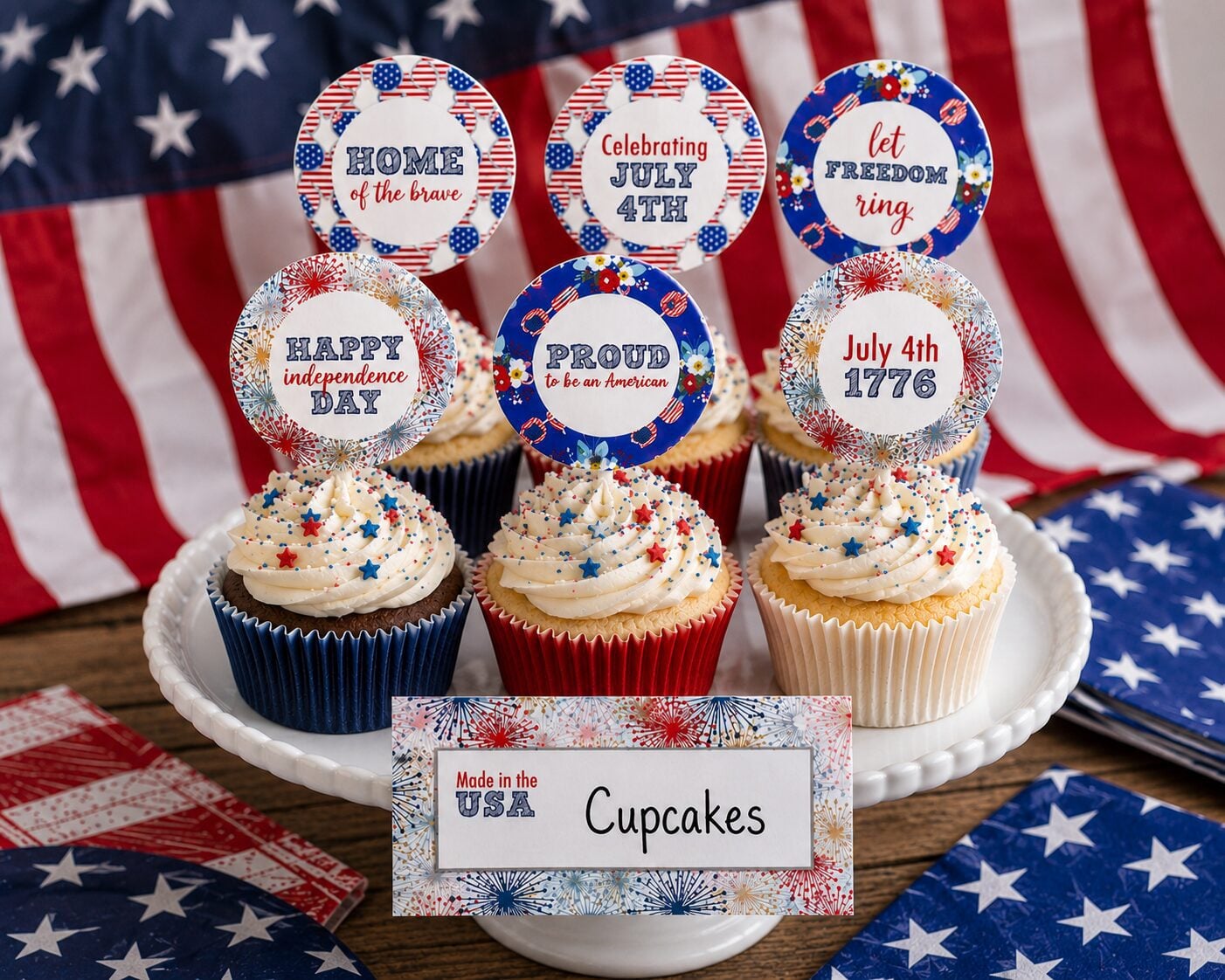 Dress up your Fourth of July buffet with these free printable food labels! Use these patriotic food tent cards to label BBQ favorites, side dishes, desserts, drinks, and snacks for an easy red, white, and blue party table. Perfect for a 4th of July cookout, picnic, potluck, or backyard celebration.