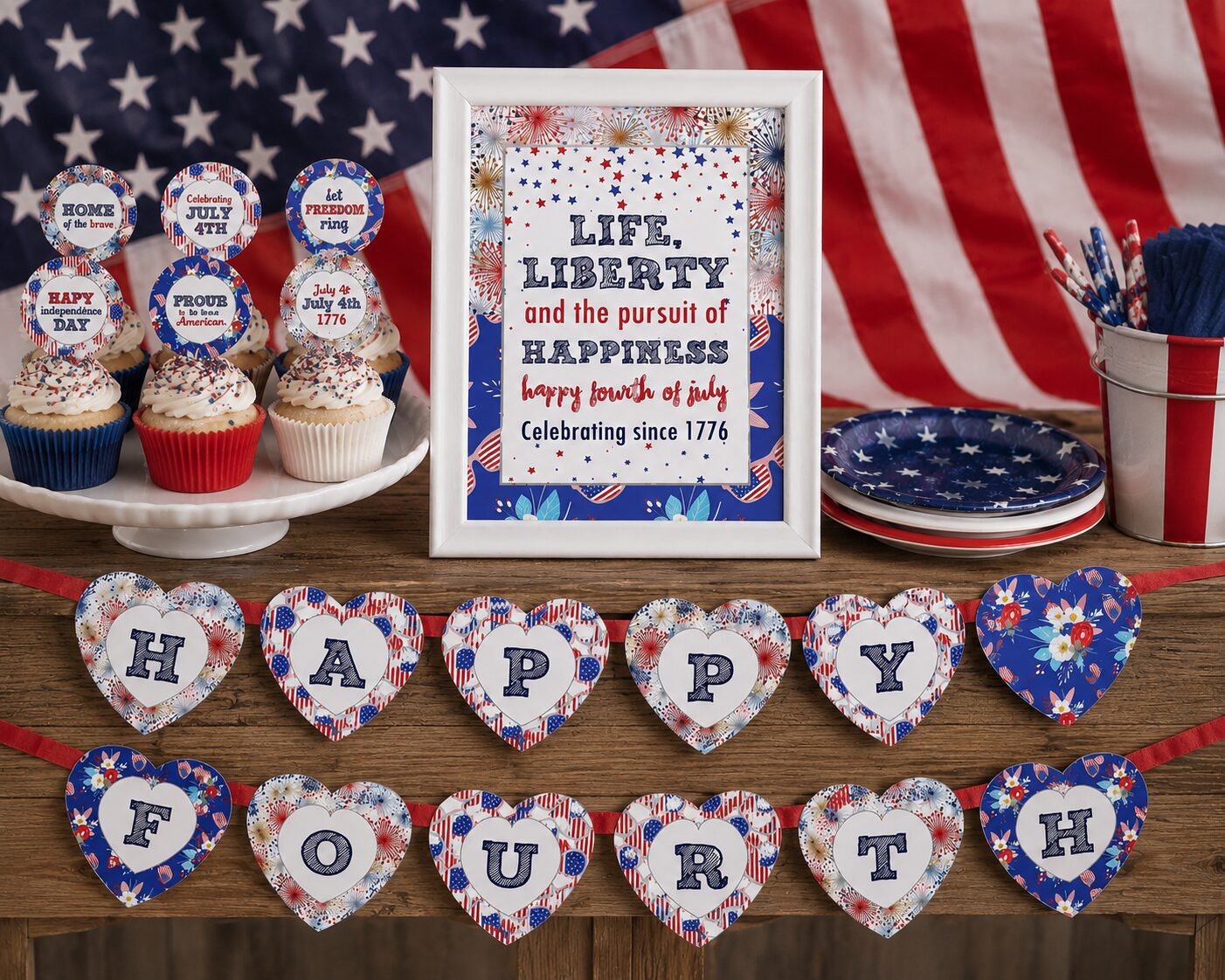 Free Happy 4th of July printable banner for an easy patriotic party setup! Hang this red, white, and blue banner above your dessert table, mantel, porch, buffet, or party backdrop for a festive Fourth of July BBQ, picnic, pool party, or fireworks celebration.