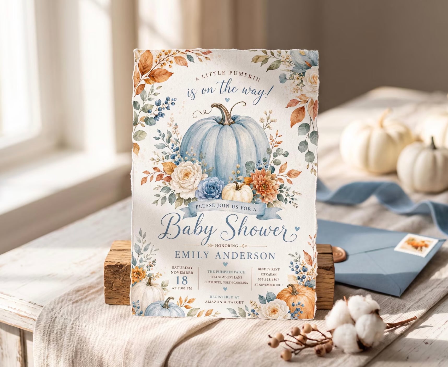 A Little Pumpkin is on the Way Baby Shower Invitation for a Boy