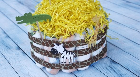 Mini diaper cake ribbon and jungle animal decor