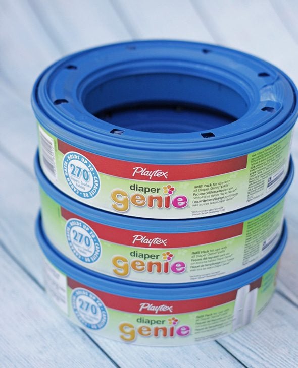Stacked Diaper Genie refills as the base of the diaper cake