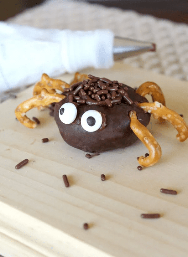 Chocolate donut spiders for Halloween