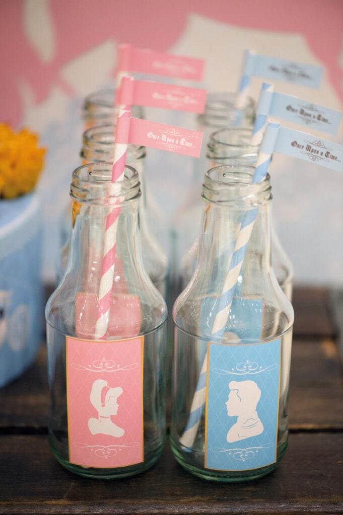 Pink and Blue Cinderella Drink Labels and Straw Flags