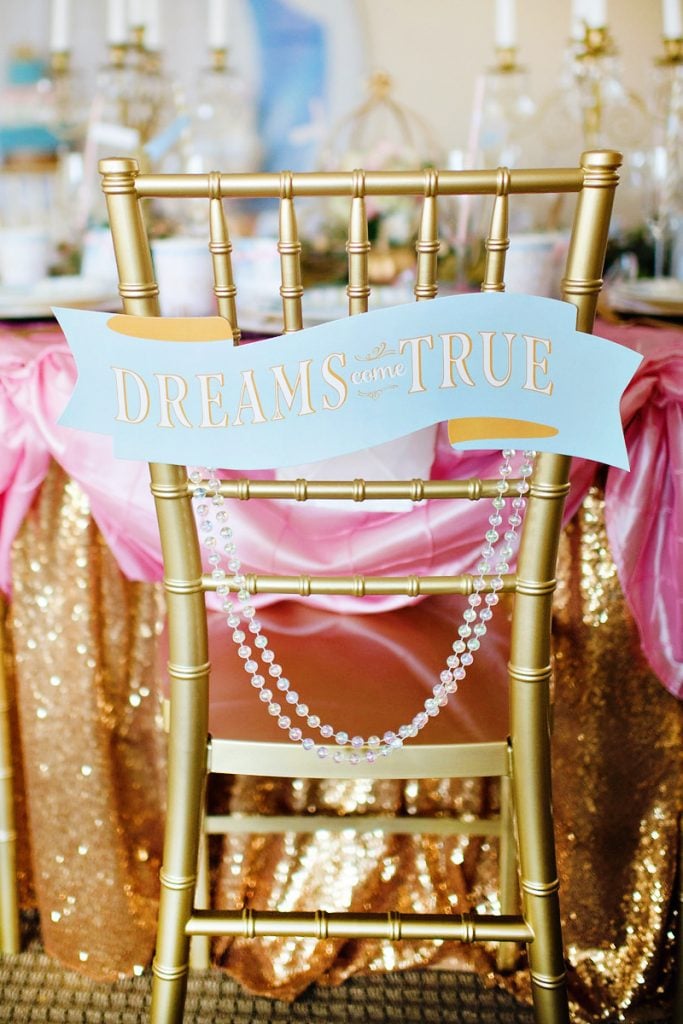 "Dreams come true" Cinderella party chair signs